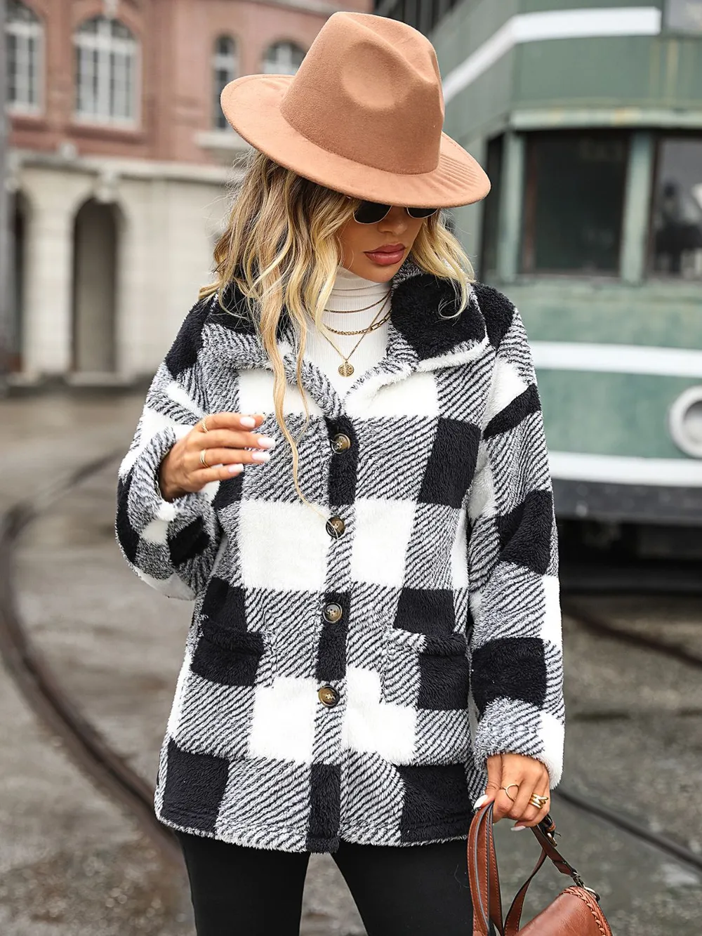 Plaid Collared Neck Button Down Jacket, image 4