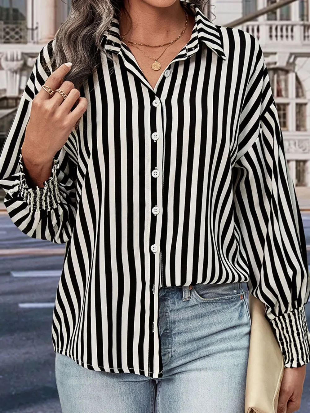 Striped Dropped Shoulder Smocked Wristband Shirt, image 4