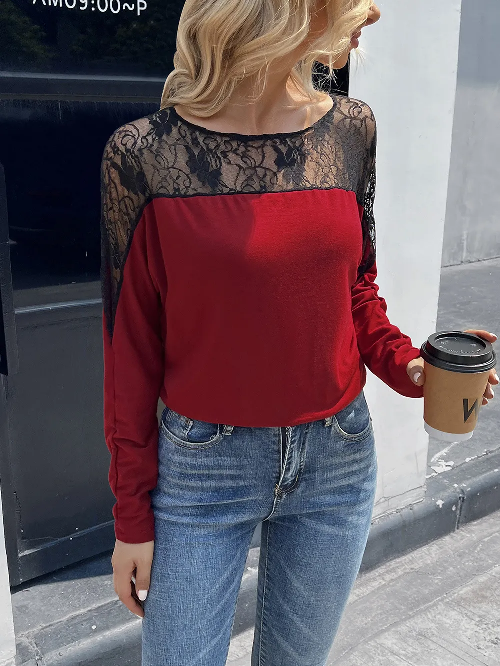 Lace Long Sleeve Round Neck Tee, image 9