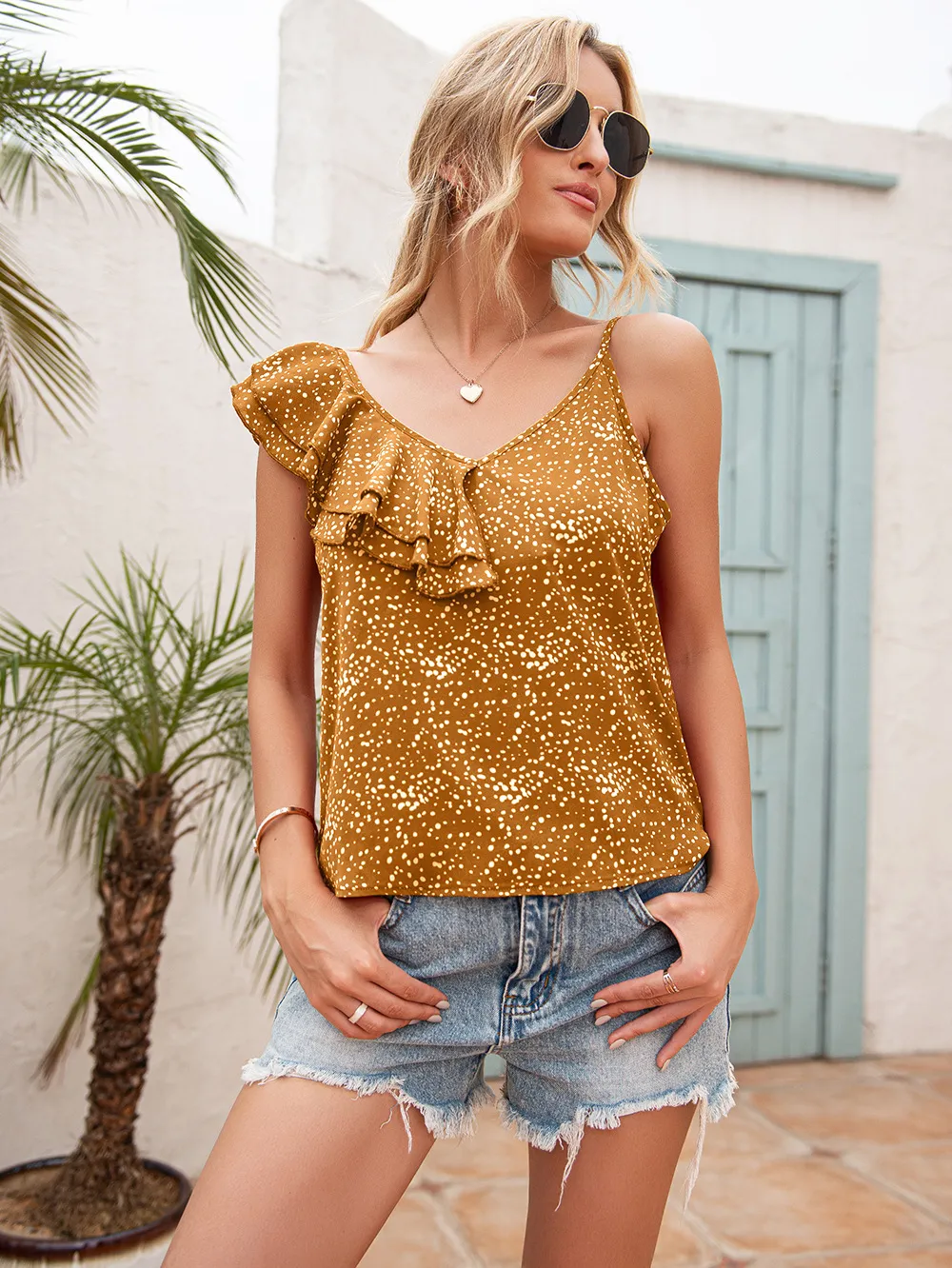 Polka Dot Ruffle Trim Asymmetrical Tank Top, image 4