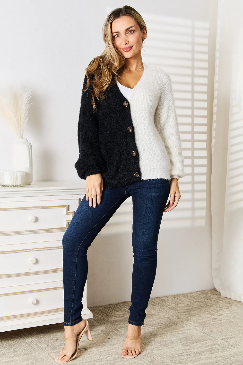 Contrast Button-Front V-Neck Cardigan, image 8