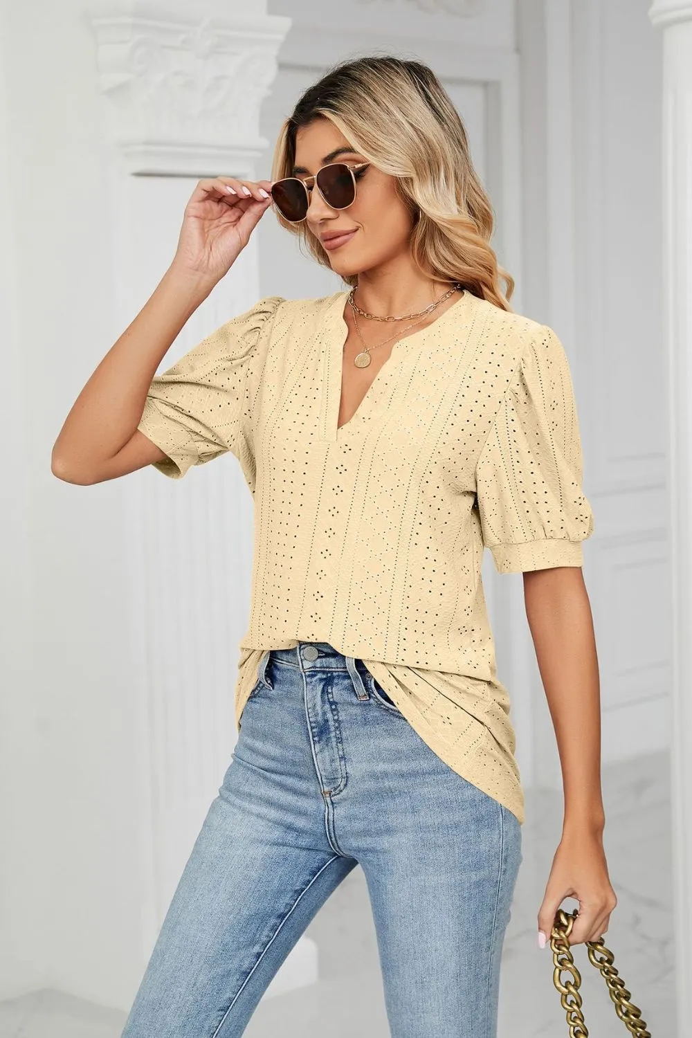 Eyelet Short Puff Sleeve Notched Neck Top, image 24
