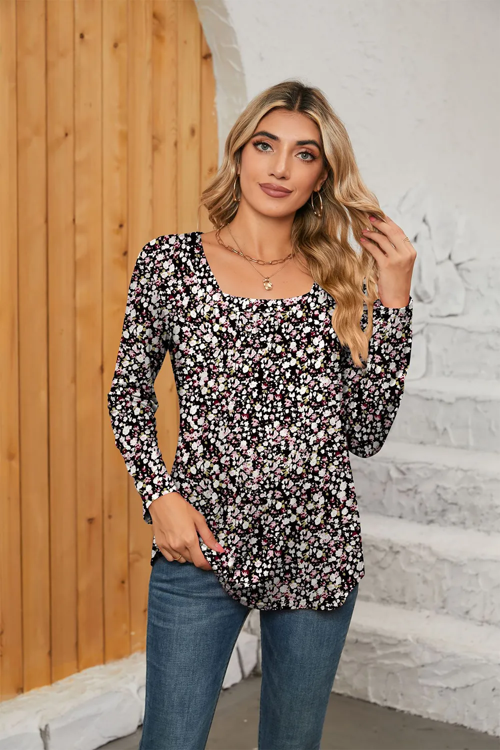 Printed Square Neck Long Sleeve Blouse, image 12