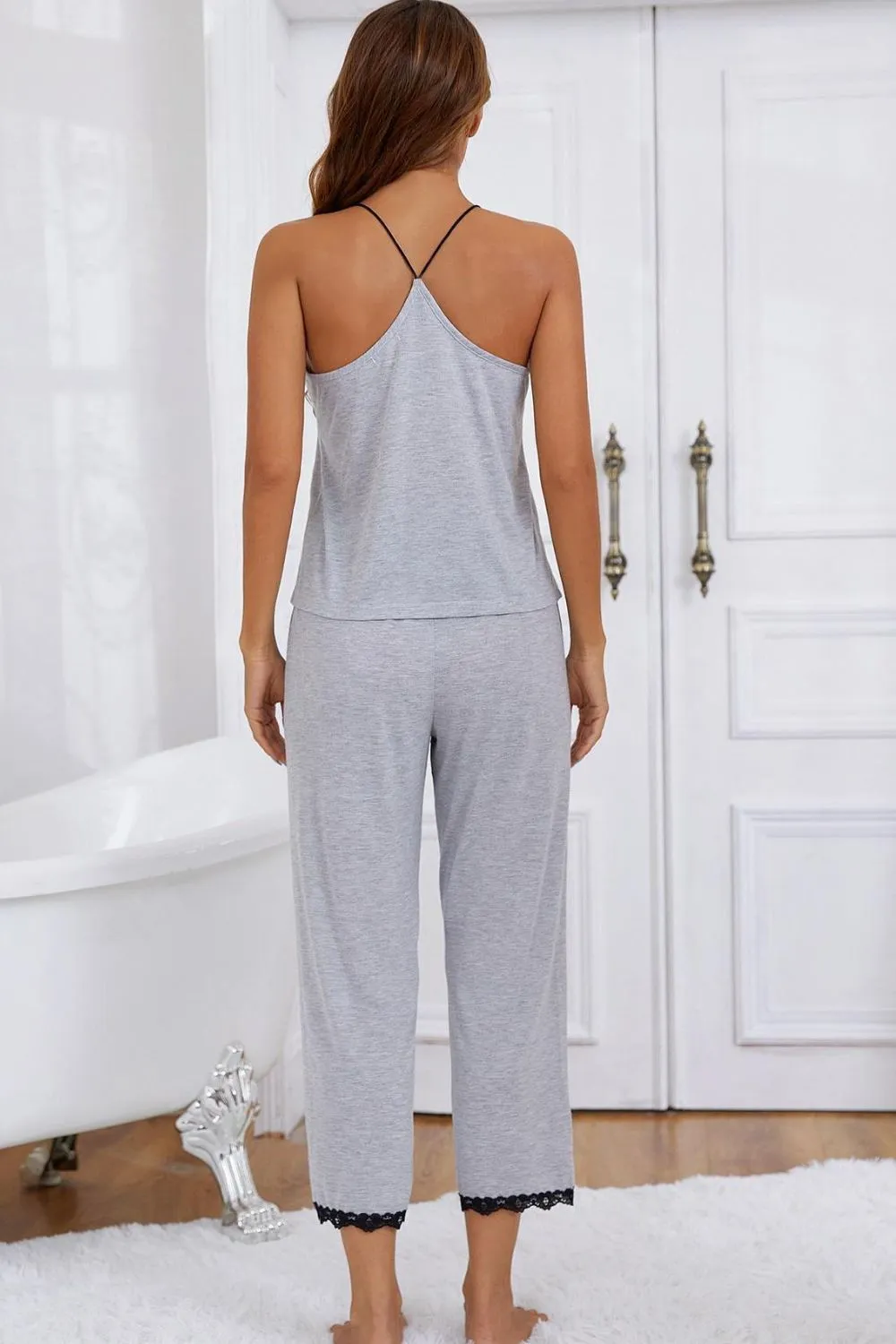 Halter Neck Cami and Lace Trim Pajama Set, image 2