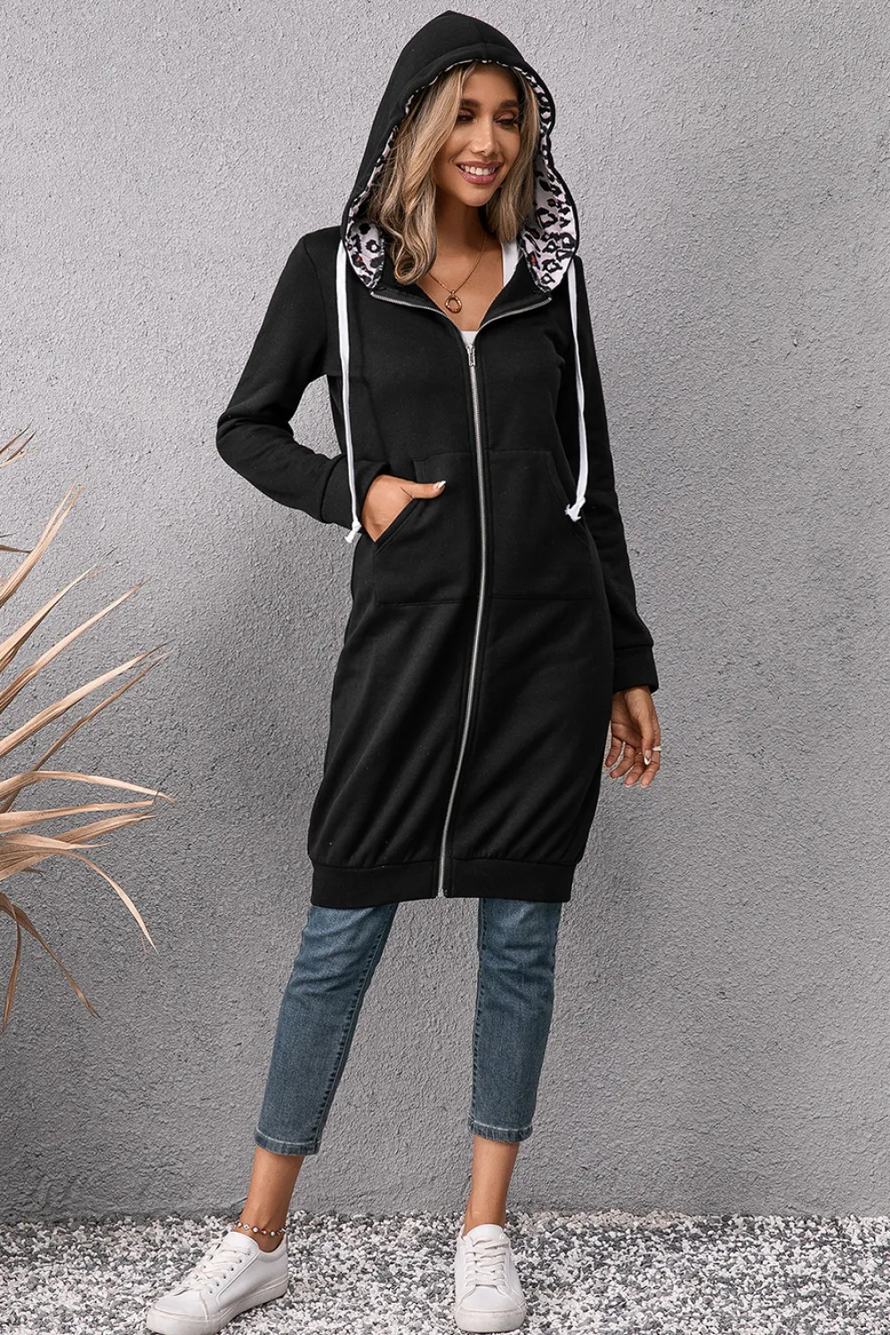 Leopard Spliced Drawstring Zip Up Hoodie Dress, image 3