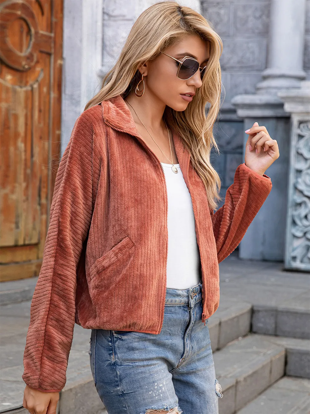 Zip-Up Collared Jacket with Pockets, image 3