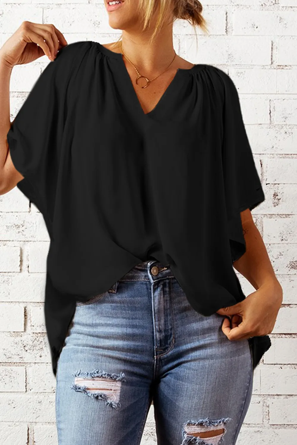 Gathered Detail Notched Neck Flutter Sleeve Top, image 18