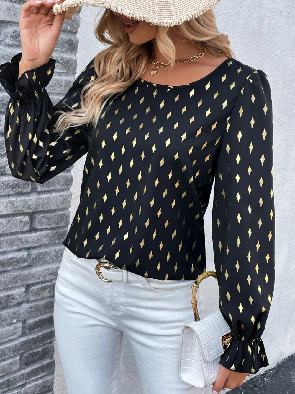 Printed Round Neck Flounce Sleeve Blouse, image 8