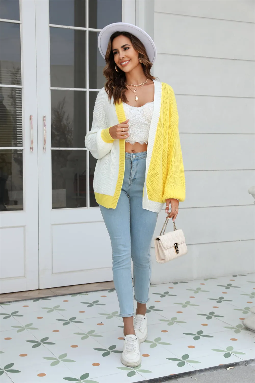 Open Front Contrast Color Balloon Sleeve Cardigan, image 8