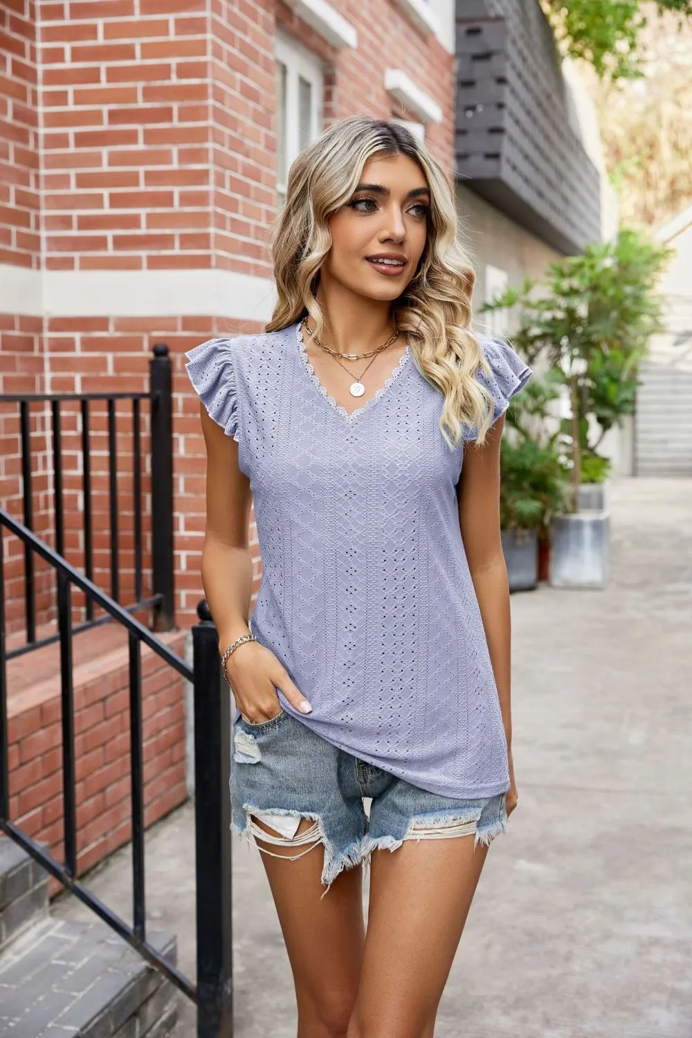 Eyelet Flutter Sleeve Scalloped V-Neck Top, image 17