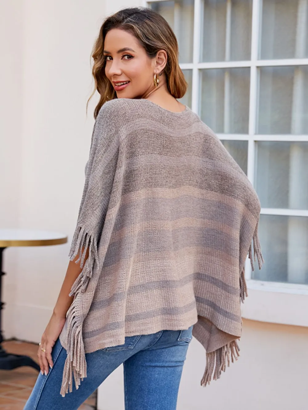 Striped Boat Neck Poncho with Fringes, image 3