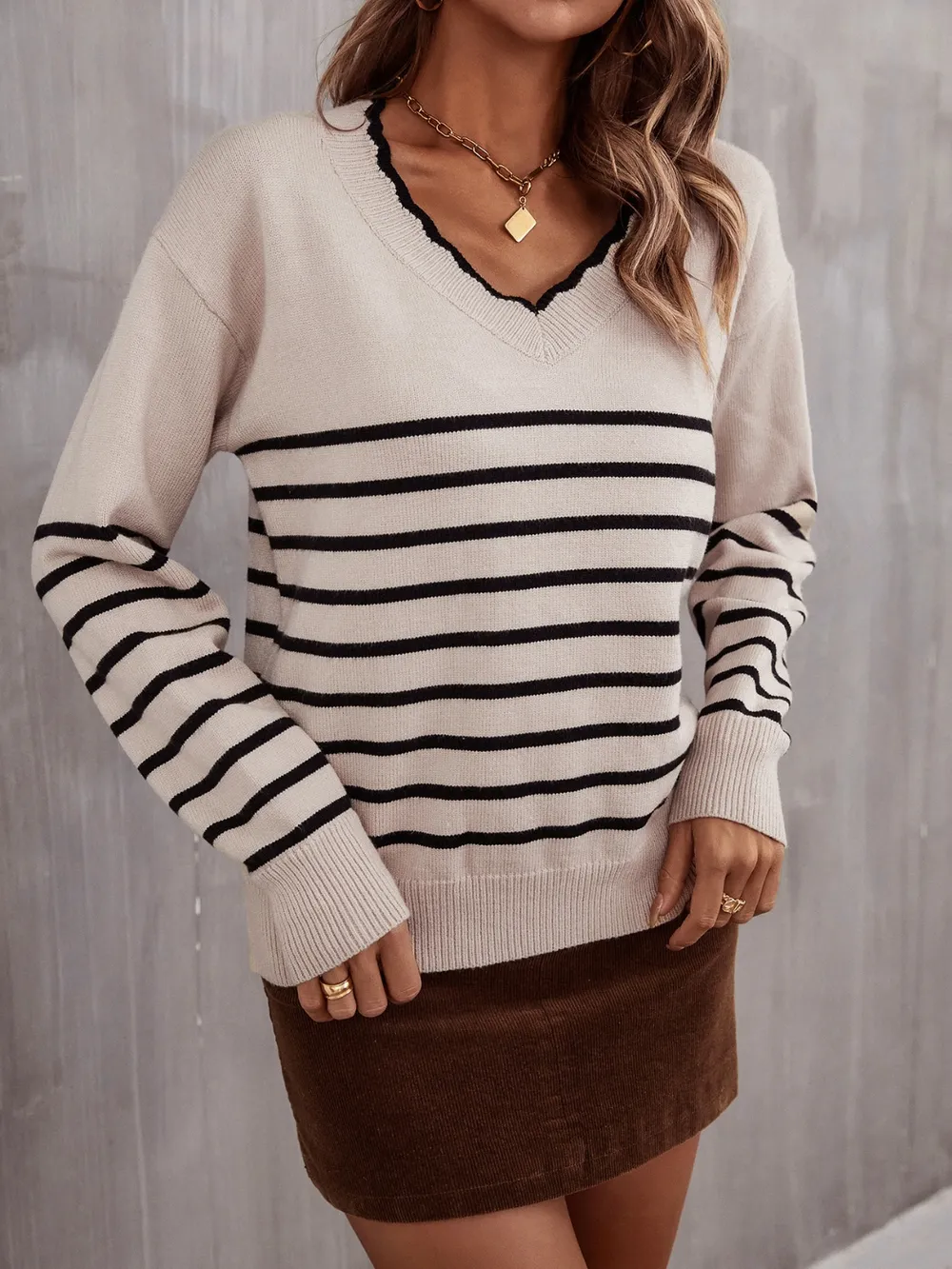 Striped V-Neck Drop Shoulder Sweater, image 8
