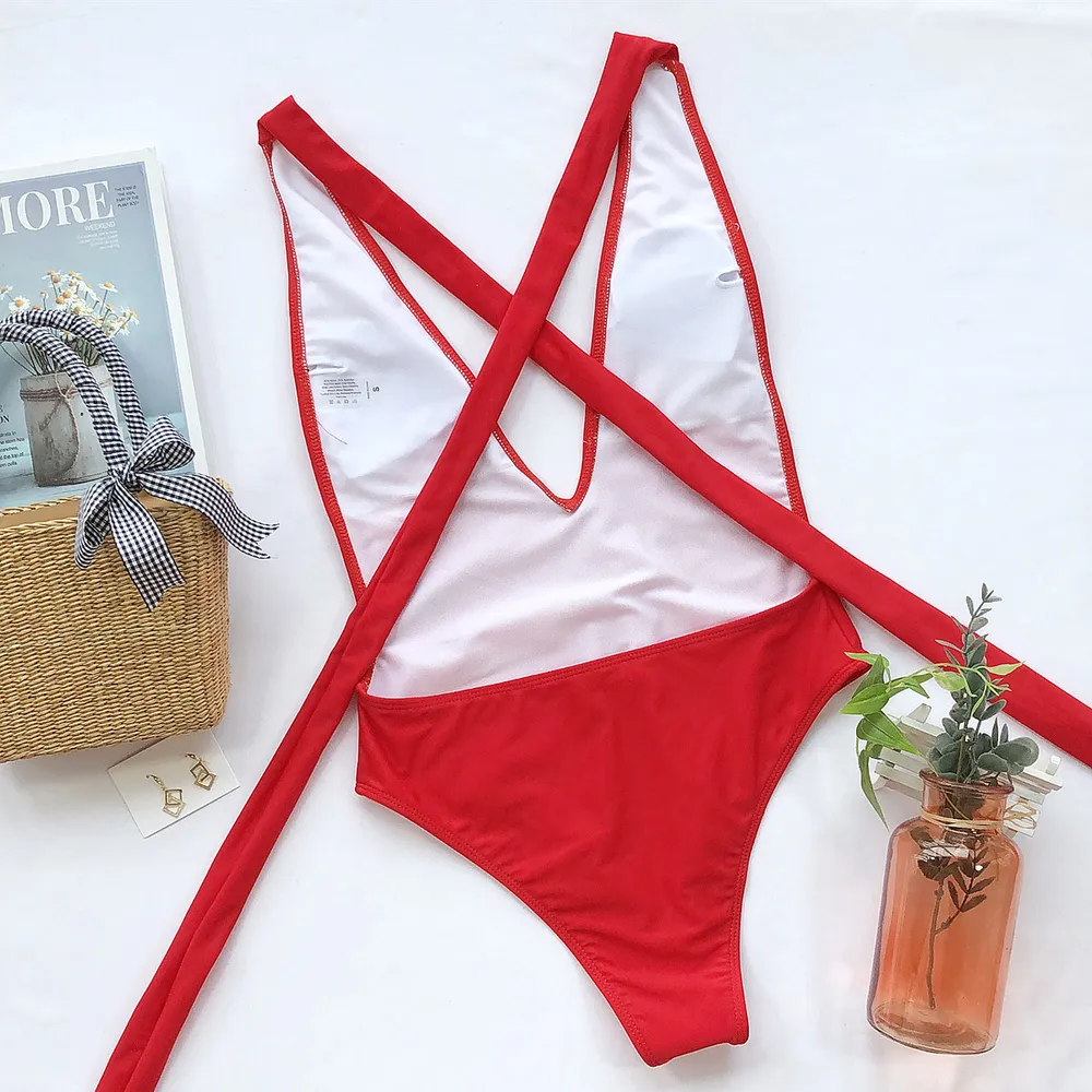 Halter Neck Deep V Tied One-Piece Swimsuit, image 13