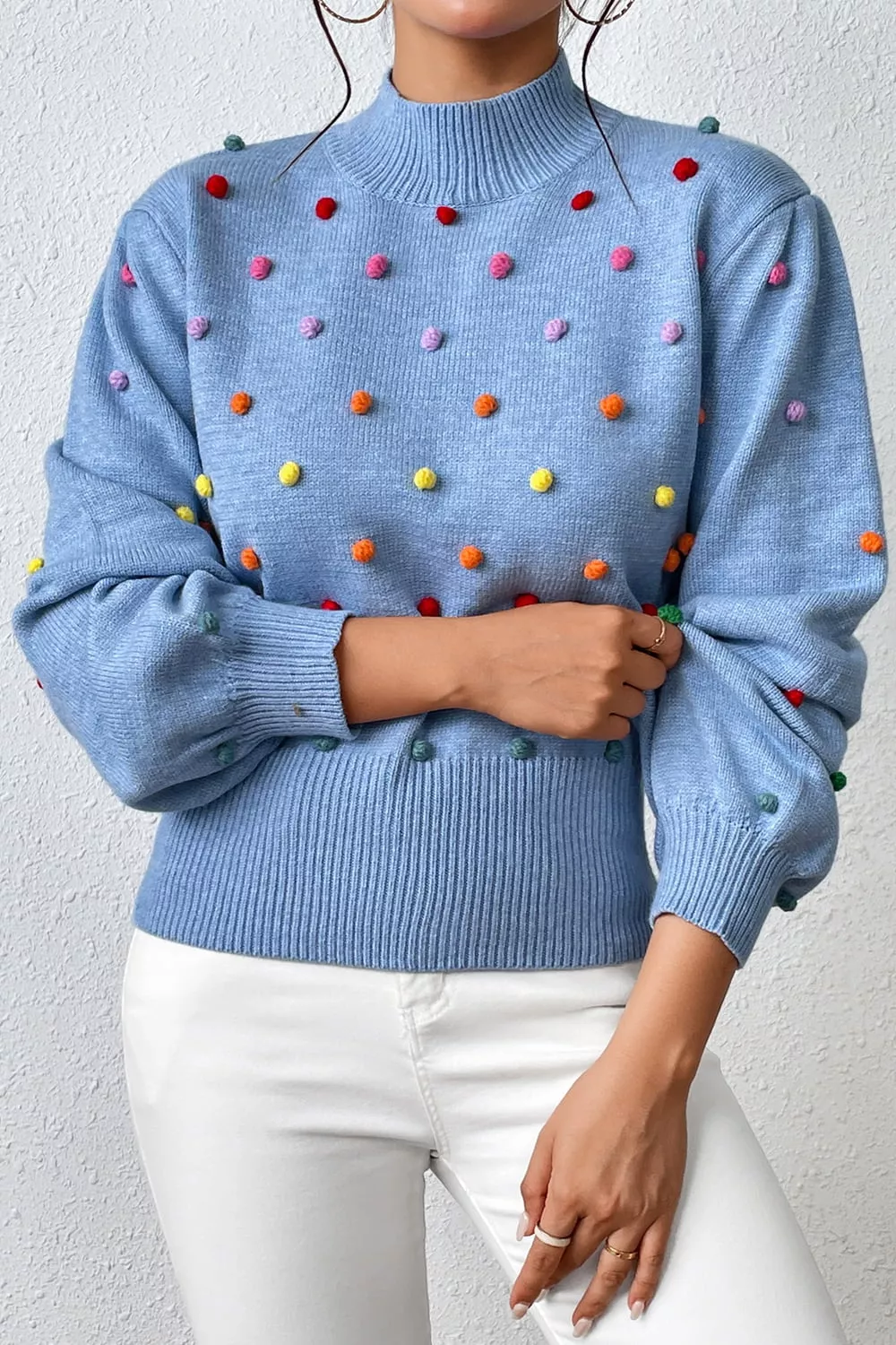 Pom-Pom Trim Mock Neck Long Sleeve Pullover Sweater, image 13
