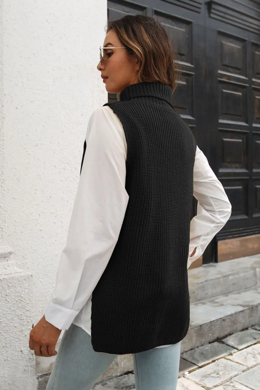 Ribbed Mock Neck Sleeveless Sweater Vest, image 2