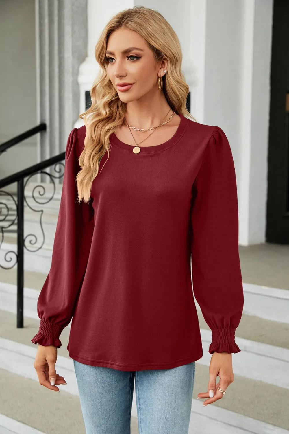 Round Neck Smocked Flounce Sleeve Blouse, image 5