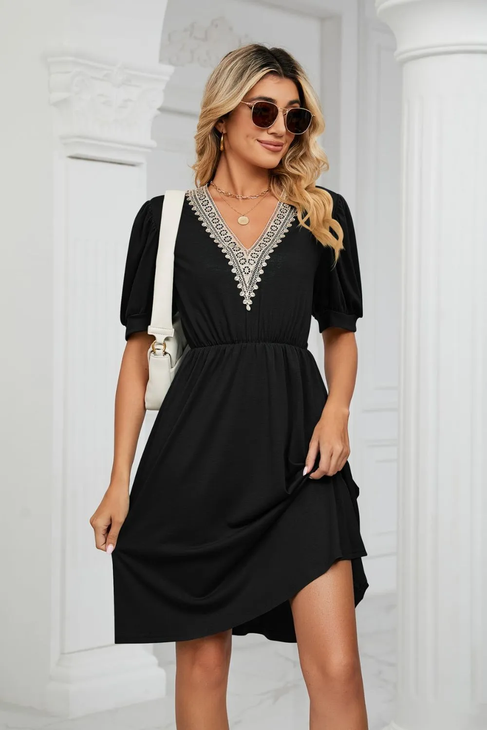 Contrast V-Neck Puff Sleeve Pocket Dress, image 11