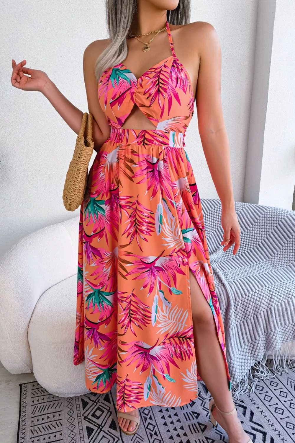 Botanical Print Tied Backless Cutout Slit Dress, image 2