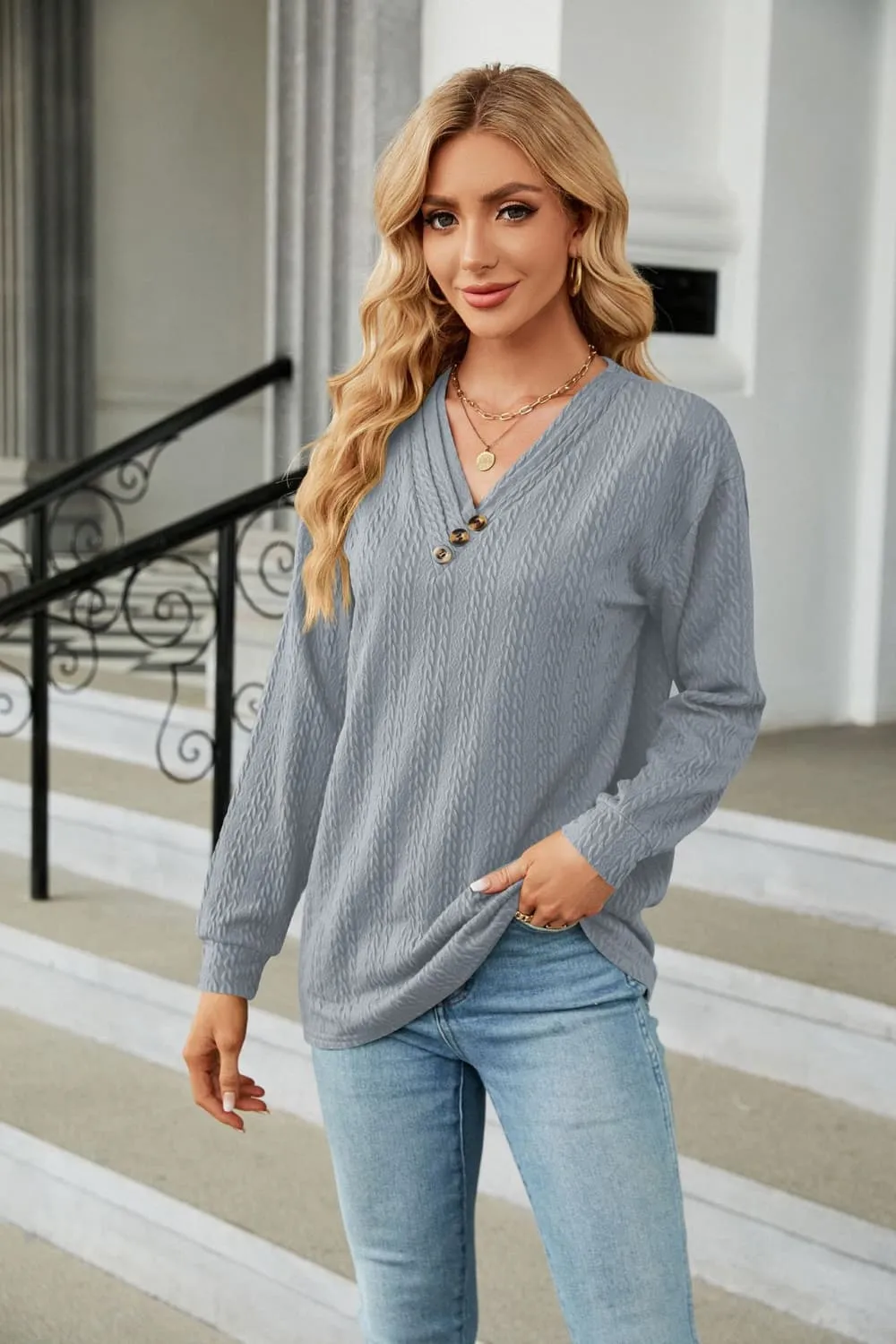 Decorative Button V-Neck Long Sleeve T-Shirt, image 2