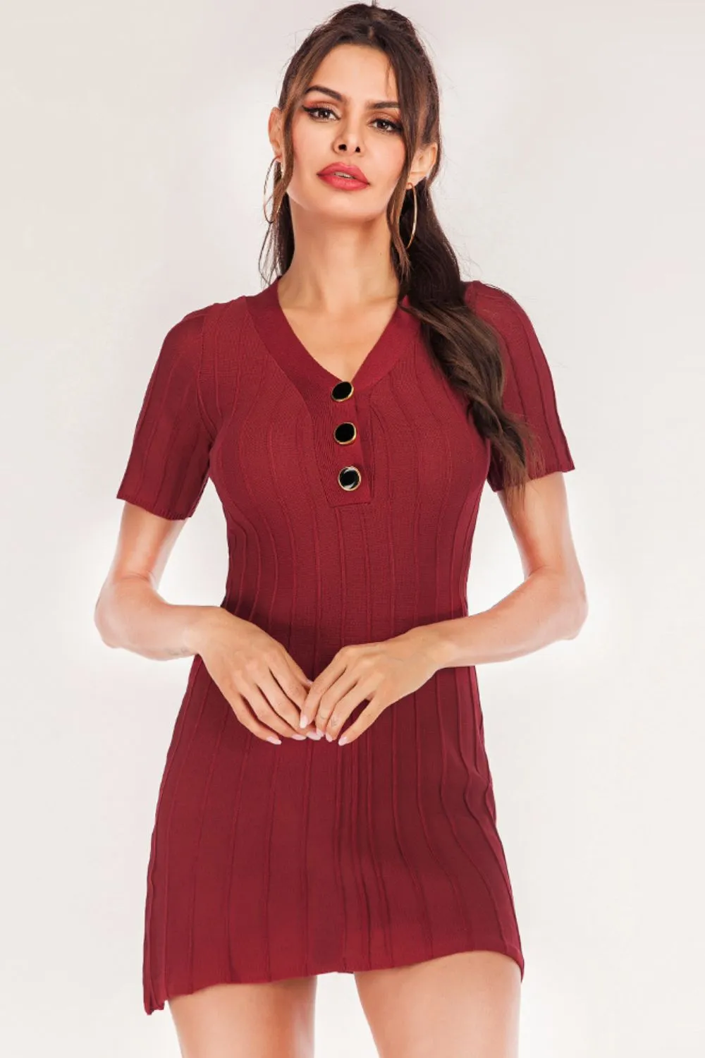 Buttoned Short Sleeve V-Neck Knit Dress, image 5