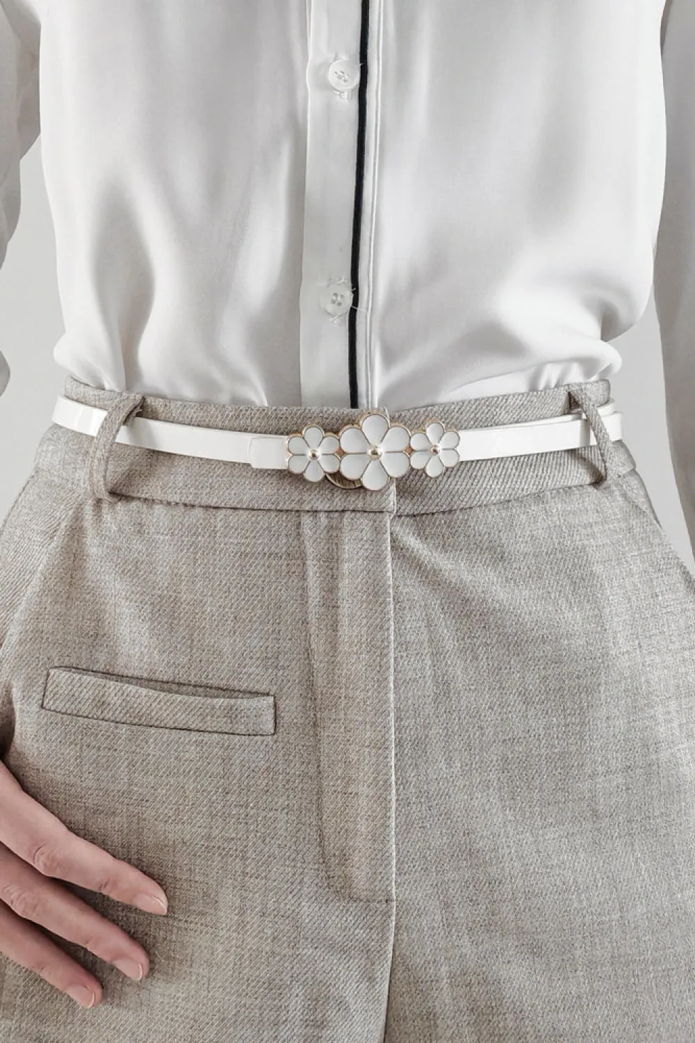 Flower Decor Skinny PU Belt, image 3