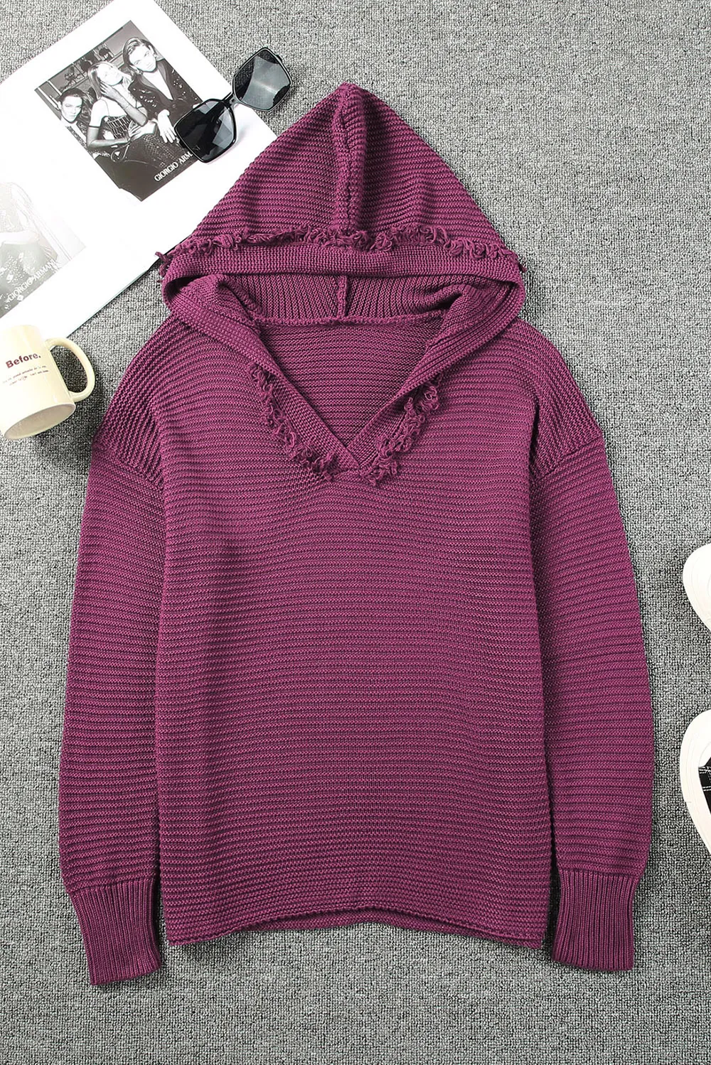Horizontal Ribbing Fringe Trim Hooded Sweater, image 8
