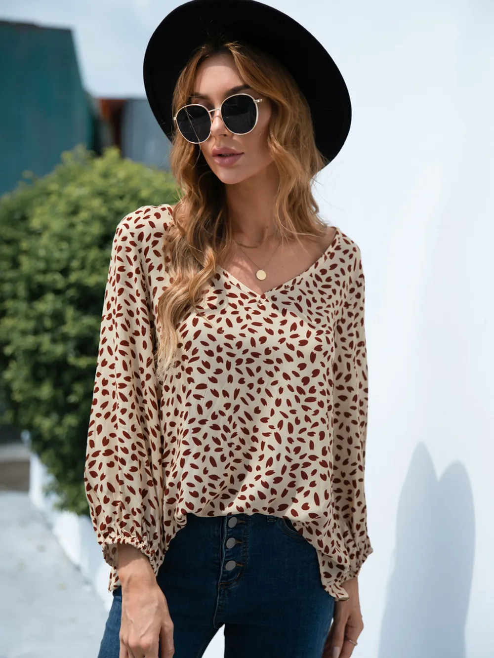 Printed V-Neck Balloon Sleeve Blouse, image 4