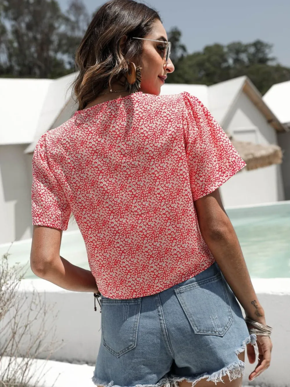 Floral Drawstring Deep V Cropped Blouse, image 4