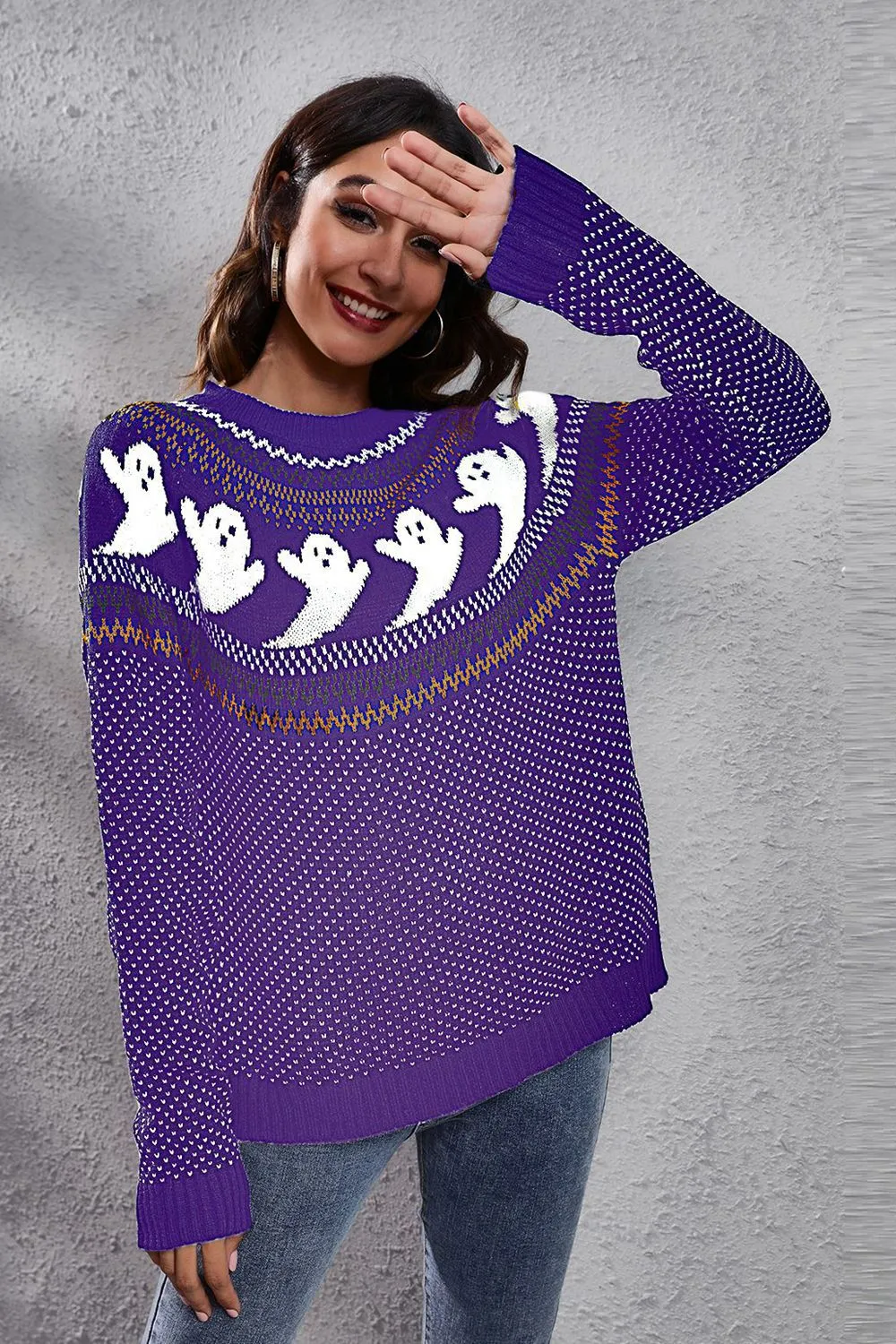 Ghost Pattern Round Neck Long Sleeve Sweater, image 19