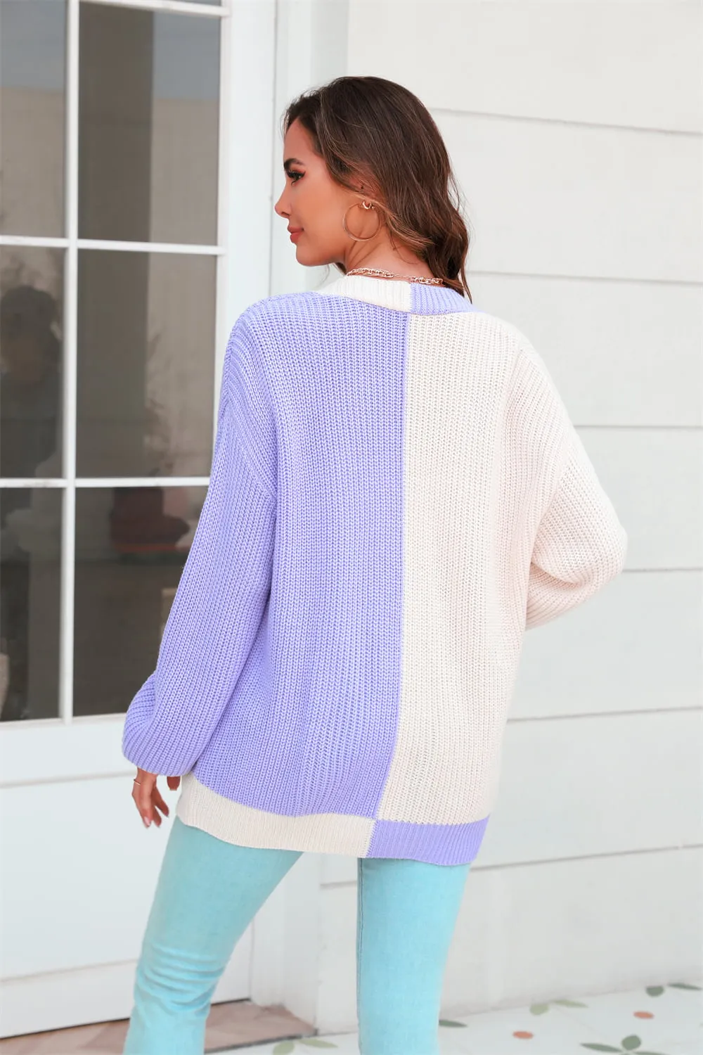 Open Front Contrast Color Balloon Sleeve Cardigan, image 3