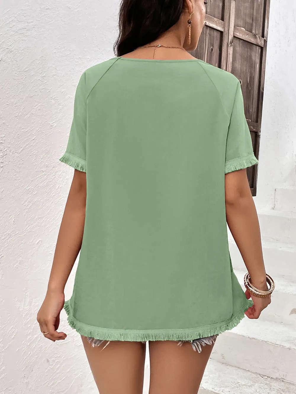 Round Neck Raglan Sleeve Fringe Detail Top, image 5