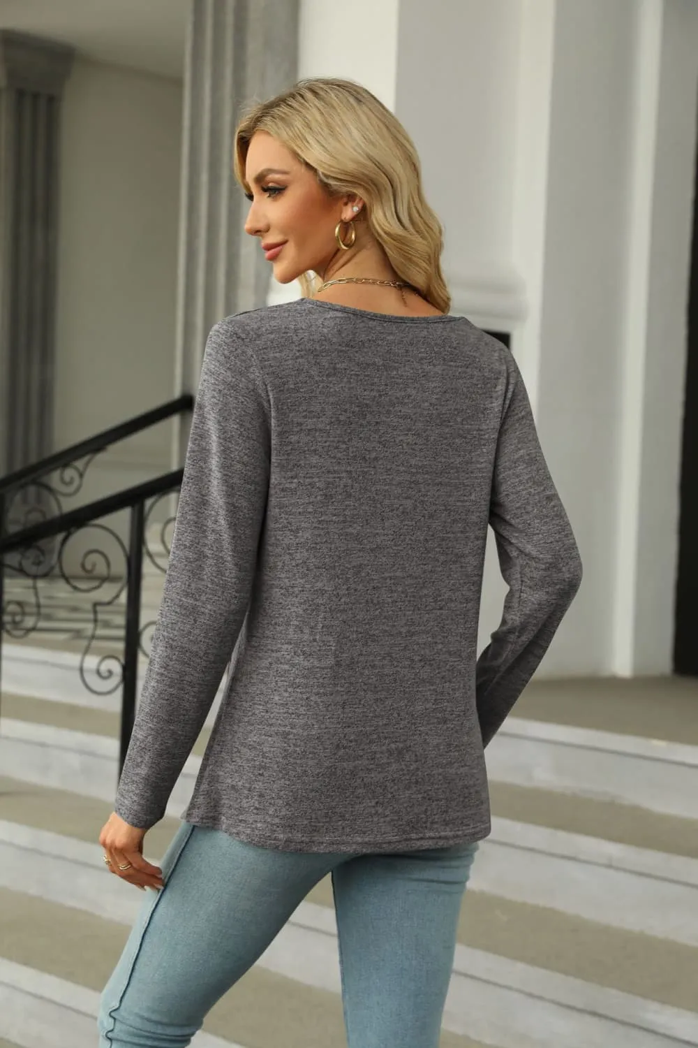 Square Neck Long Sleeve Slit T-Shirt, image 3