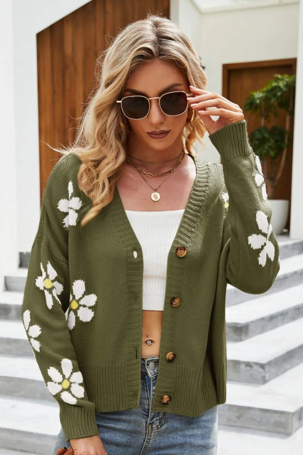 Floral Ribbed Trim Drop Shoulder Cardigan, image 13