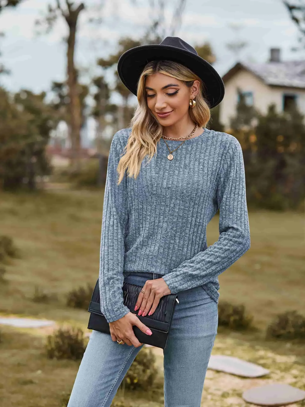 Ribbed Round Neck Long Sleeve Tee, image 16