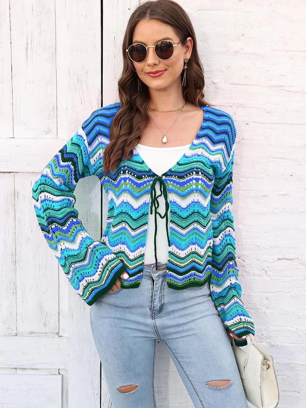Striped Openwork Tied Cardigan, image 7