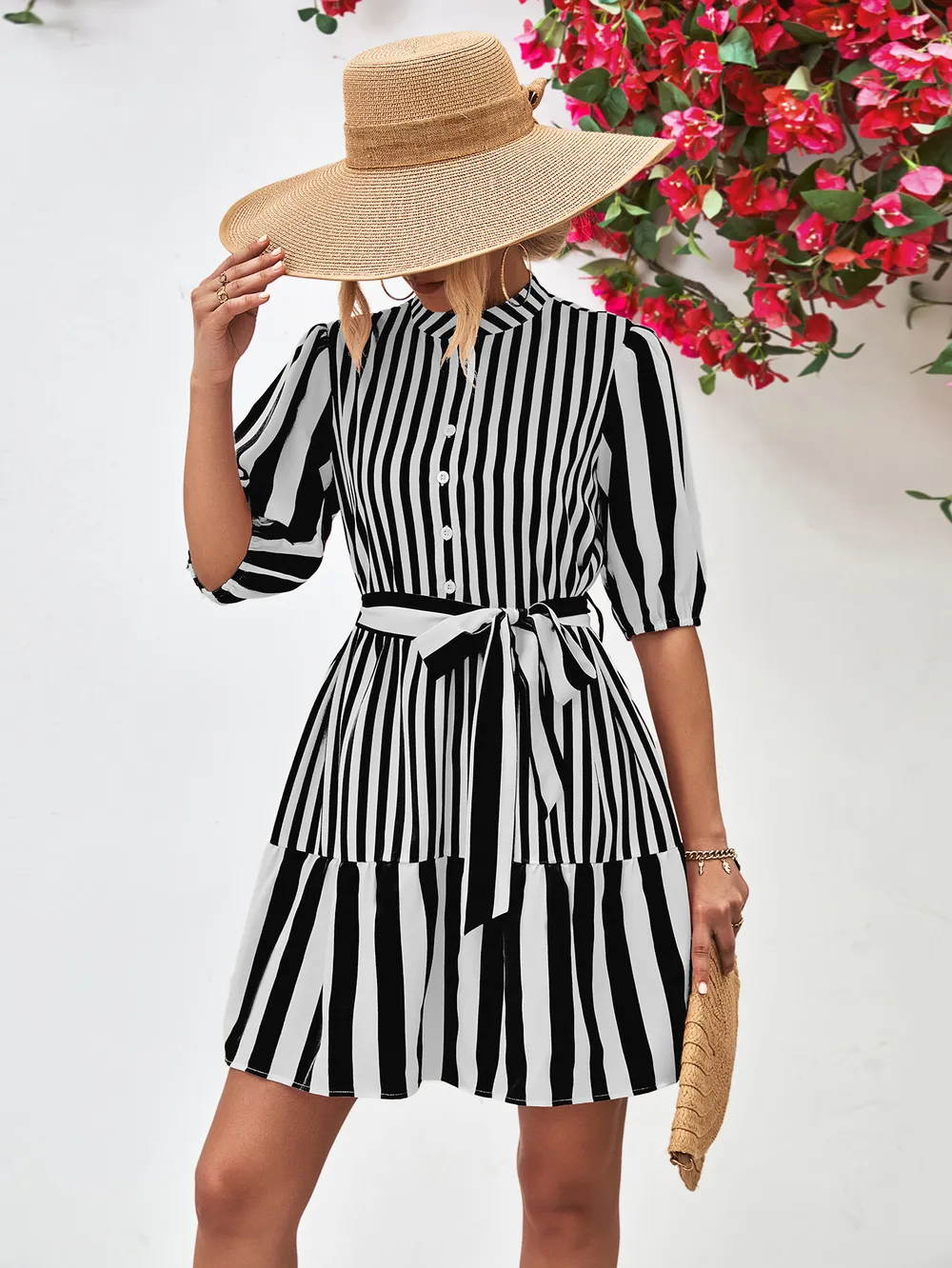 Striped Half Sleeve Tie Waist Mini Dress, image 12