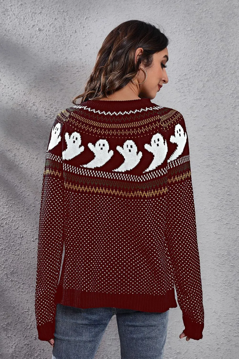 Ghost Pattern Round Neck Long Sleeve Sweater, image 17