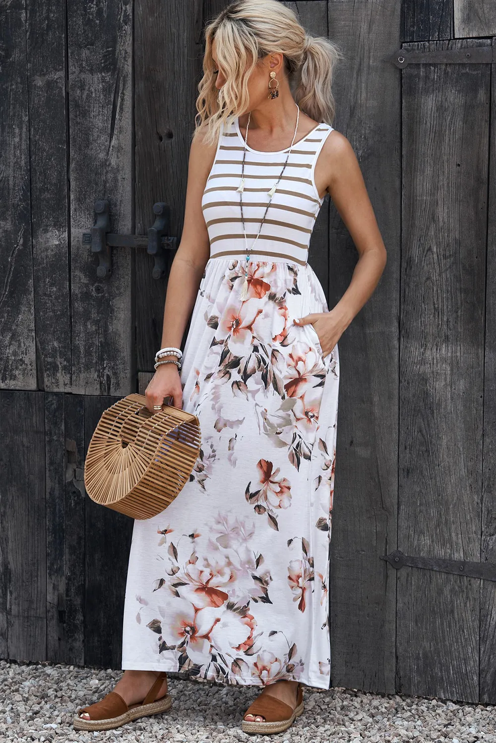 Striped Floral Round Neck Sleeveless Maxi Dress, image 4