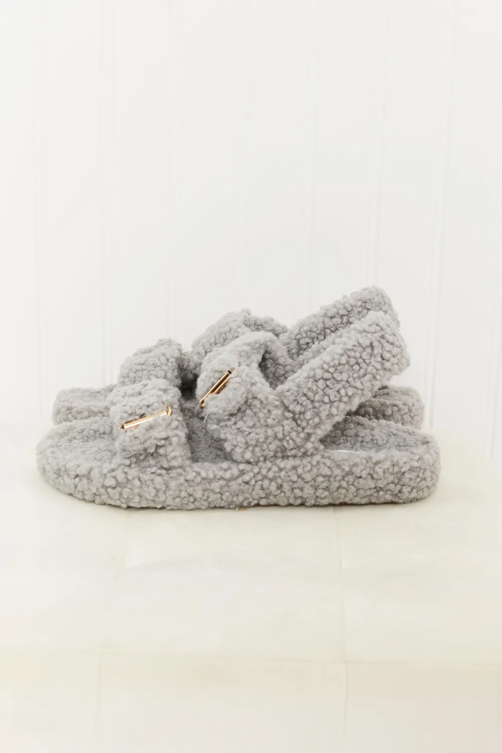 Cozy Atmosphere Faux Fur Buckled Sandals in Grey, image 4