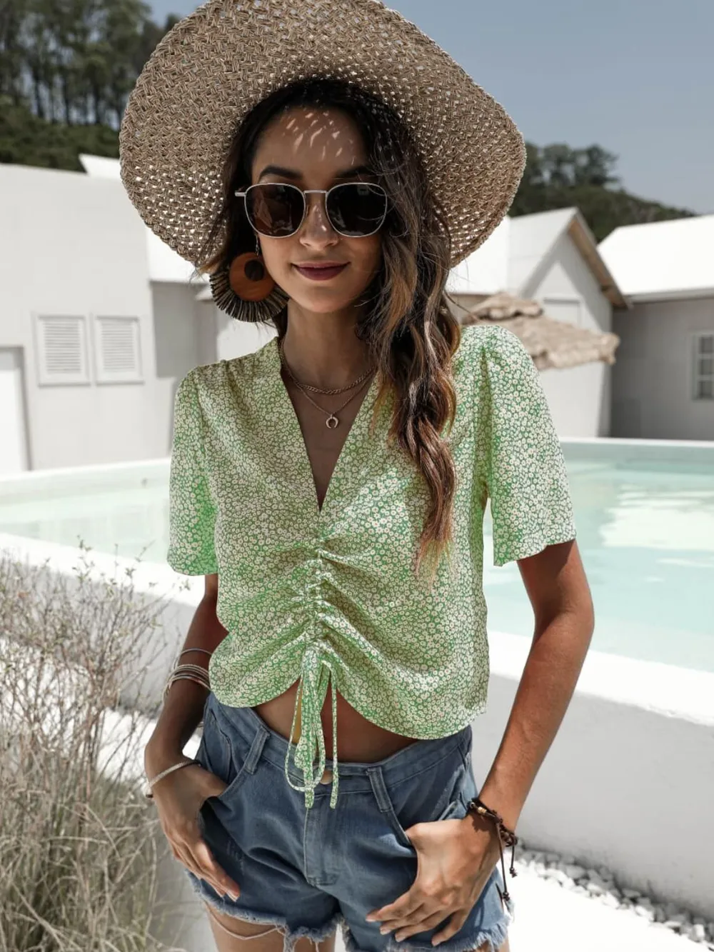 Floral Drawstring Deep V Cropped Blouse, image 5