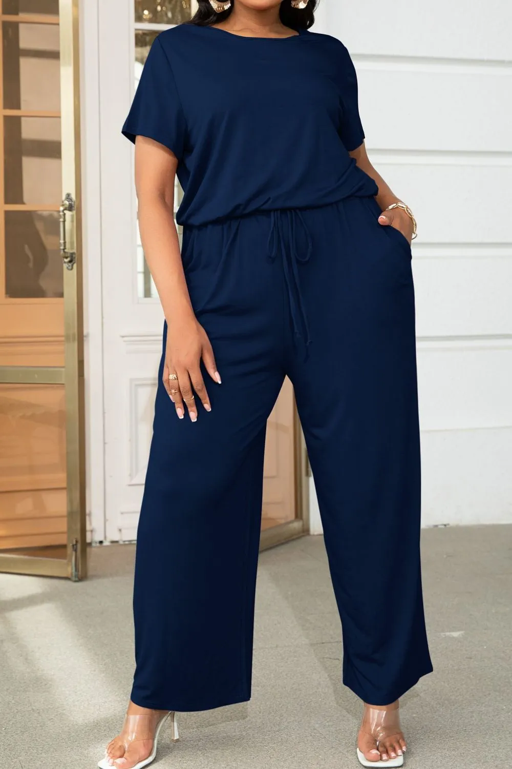 Plus Size Drawstring Waist Short Sleeve Jumpsuit, image 13