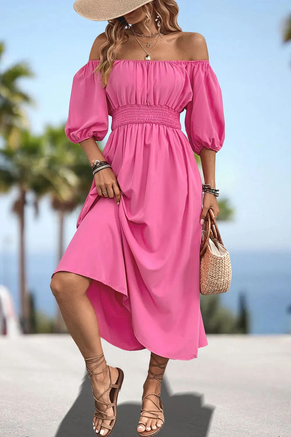 Square Neck Smocked Waist Puff Sleeve Midi Dress, image 10