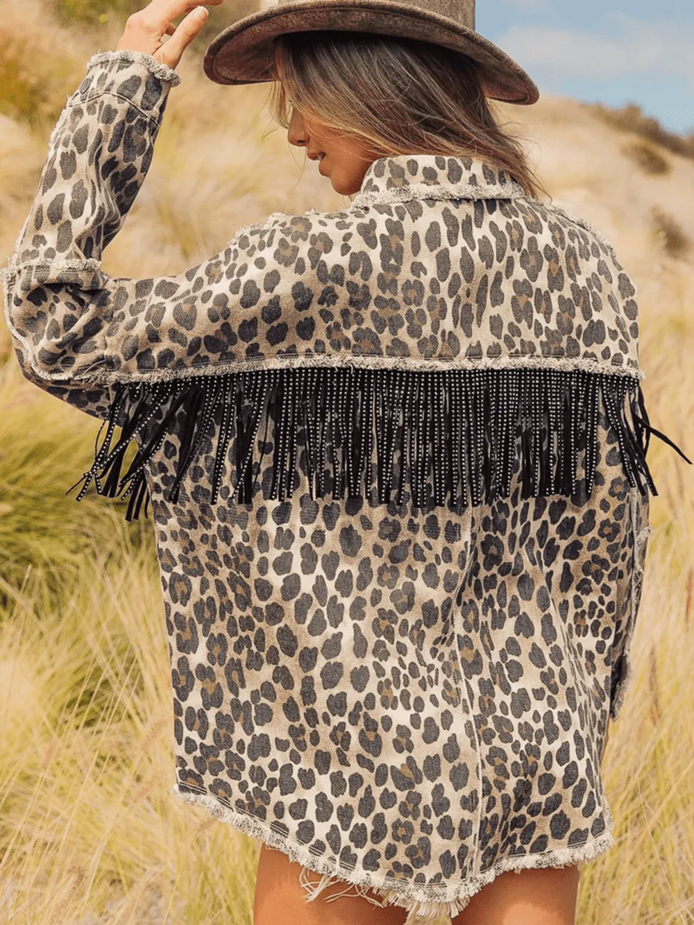 Leopard Fringe Detail Collared Neck Denim Jacket, image 2