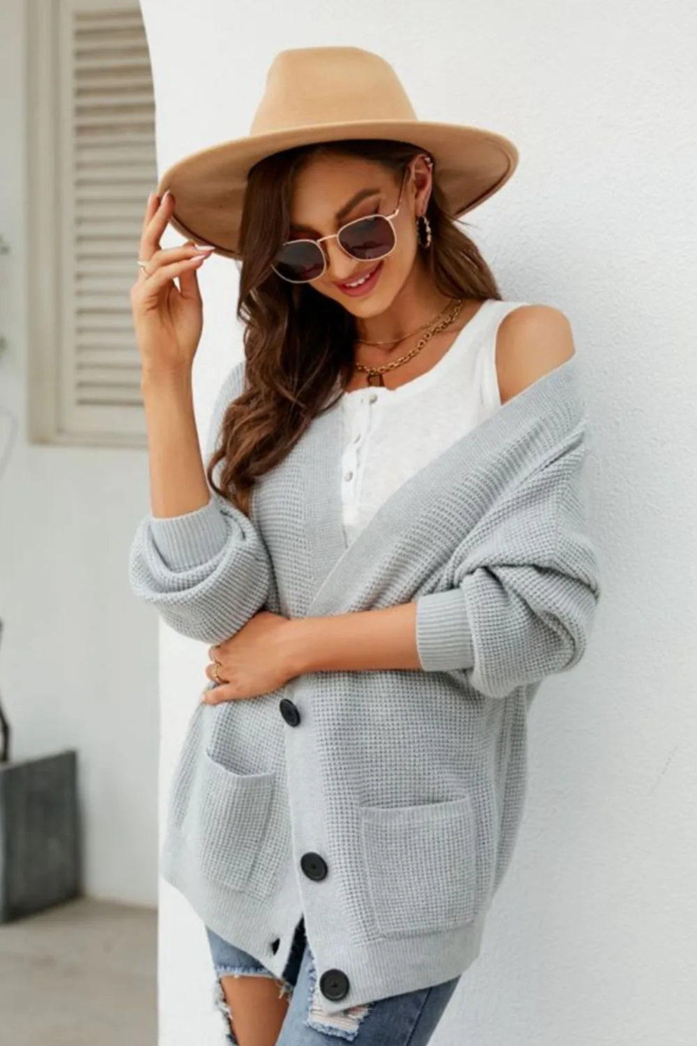 Waffle-Knit Dropped Shoulder Cardigan, image 4