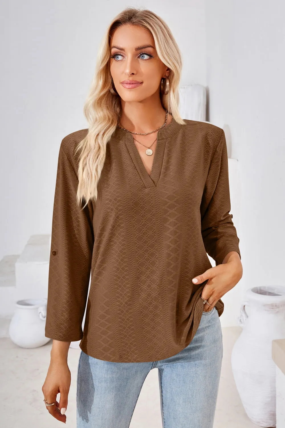 V-Neck Roll-Tap Sleeve Blouse, image 22