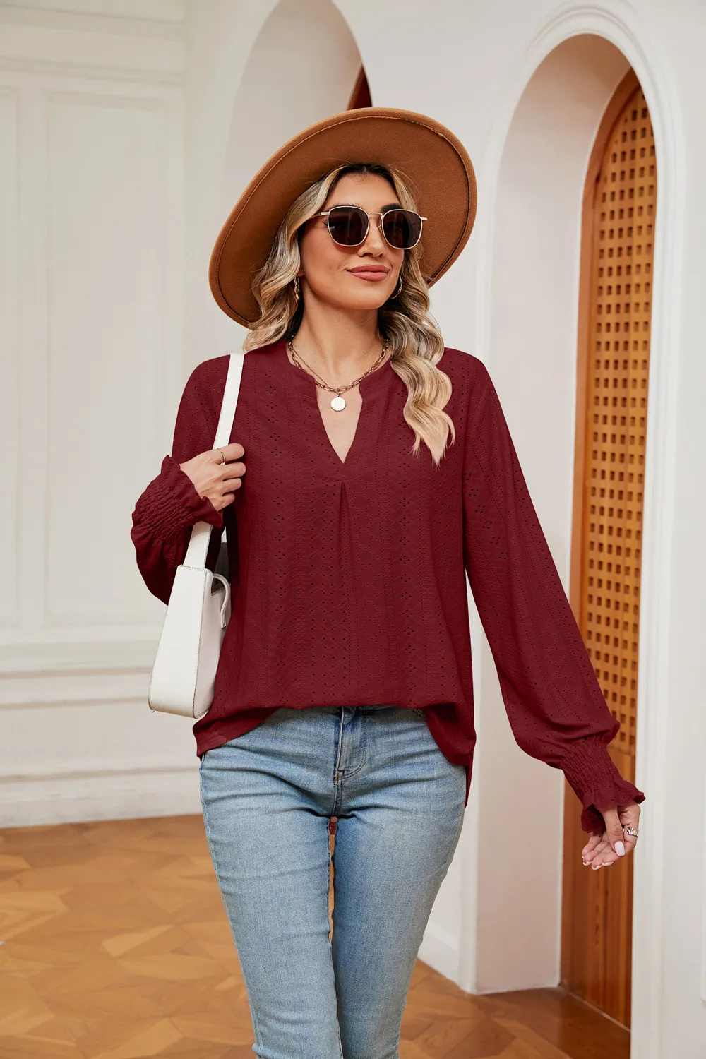 Notched Neck Flounce Sleeve Blouse, image 17