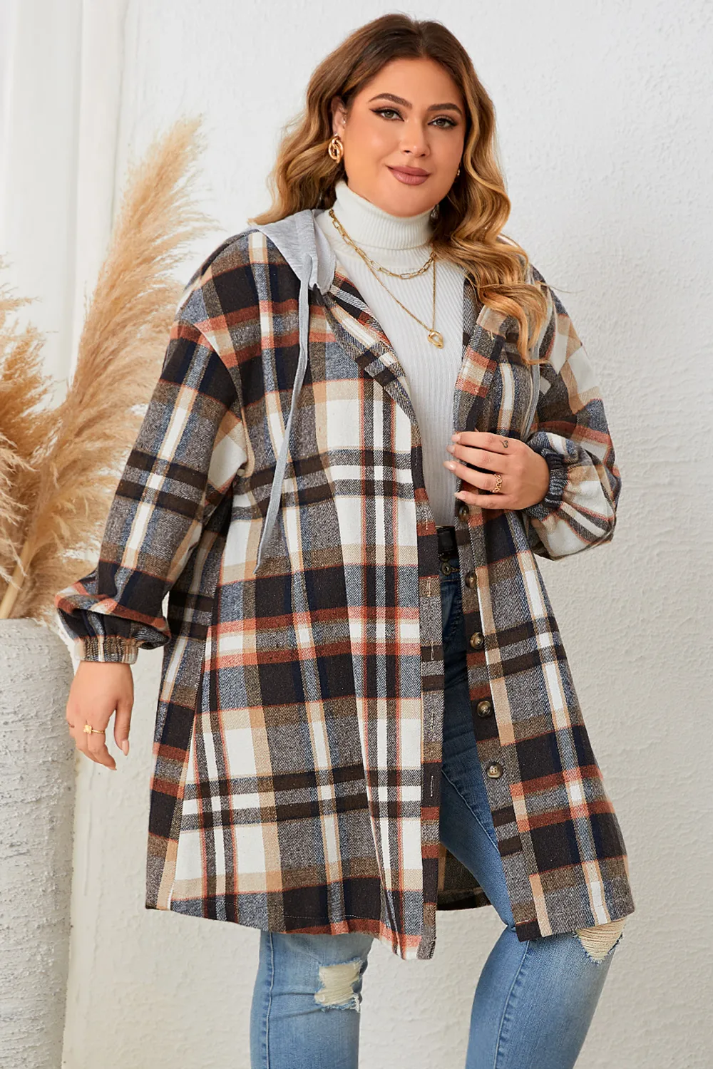 Plus Size Plaid Drop Shoulder Hooded Coat, image 4
