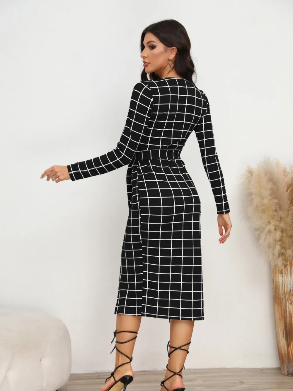 Plaid Long Sleeve Slit Dress, image 2