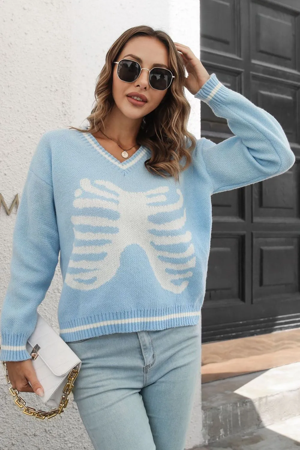 Skeleton Pattern V-Neck Long Sleeve Pullover Sweater, image 5
