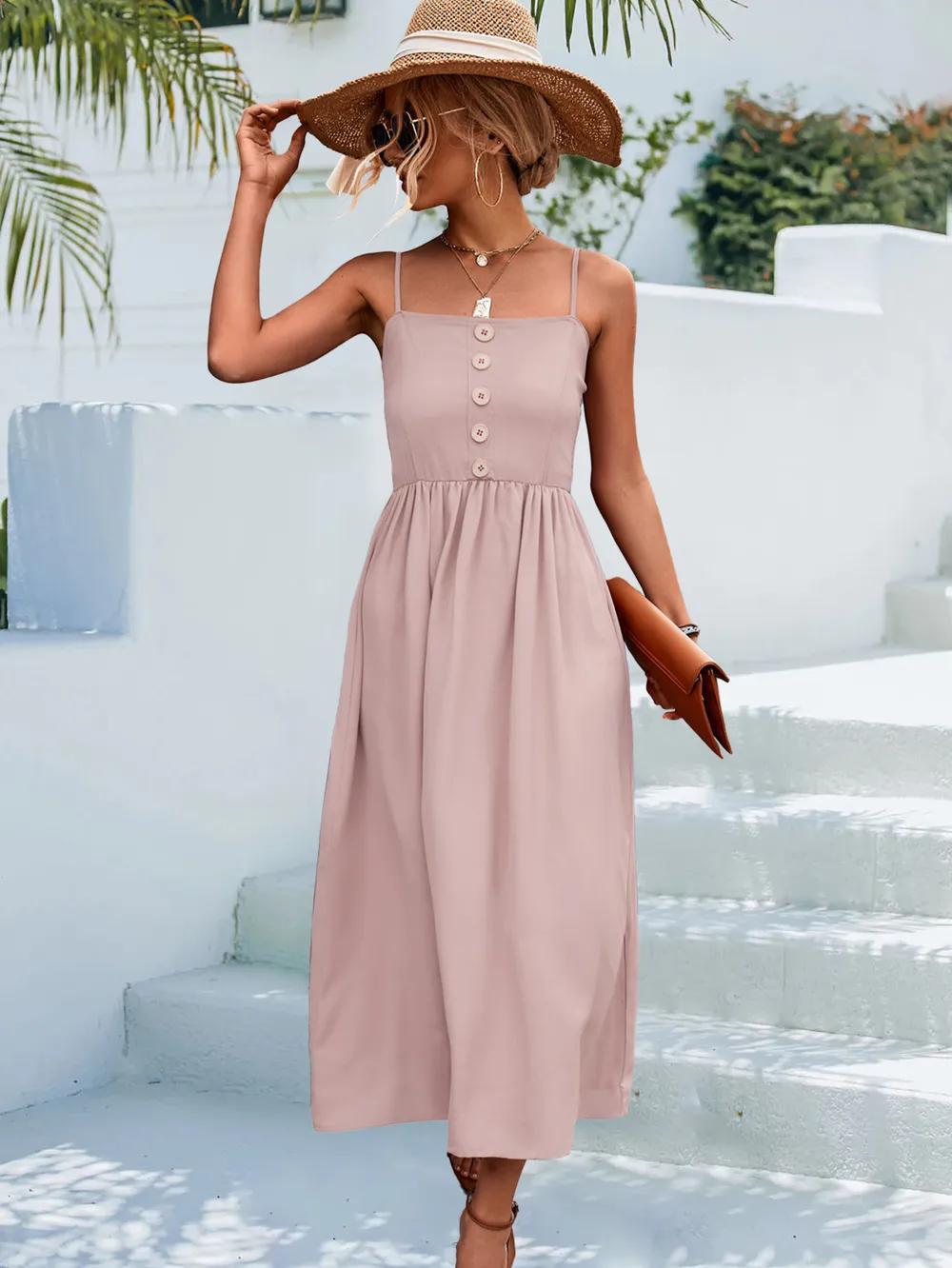 Decorative Button Spaghetti Strap Midi Dress, image 15
